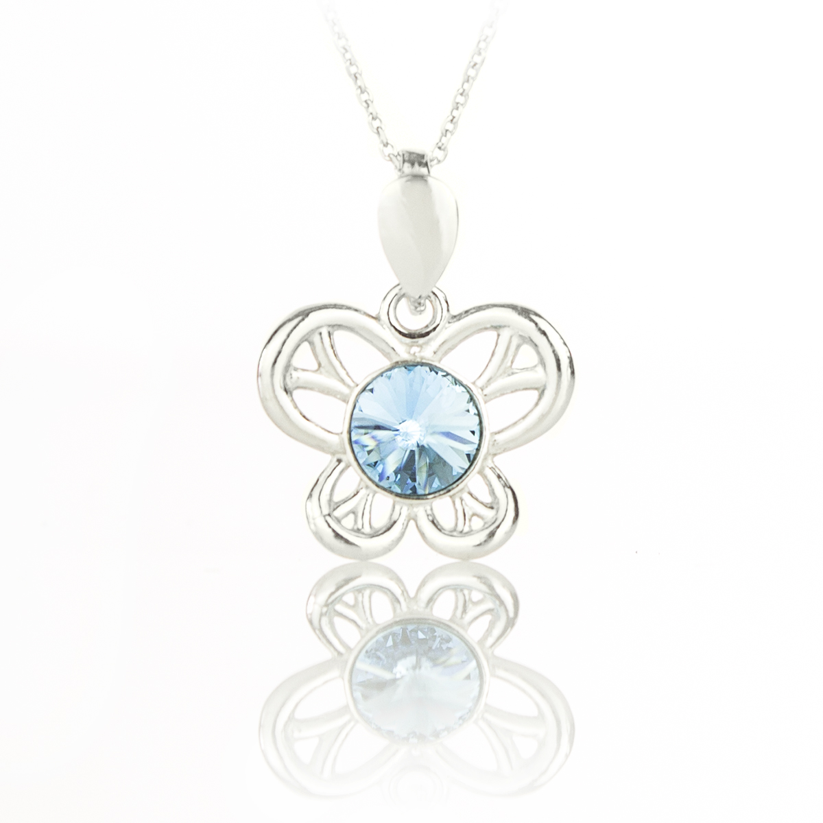 Сребърно колие Пеперуда с кристал aquamarine