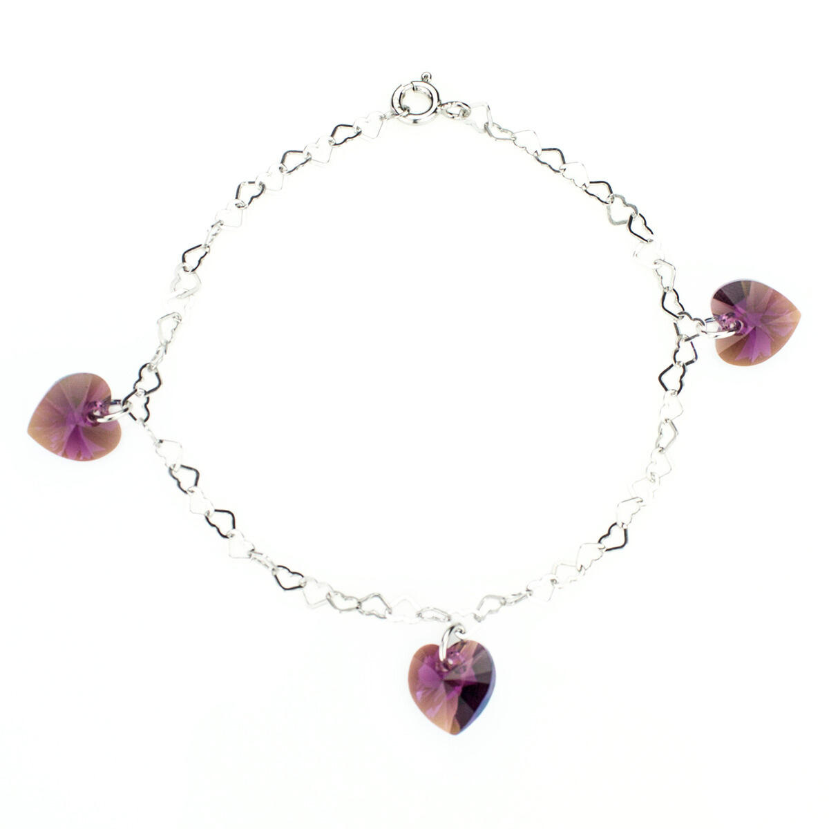 Сребърна гривна с кристални сърца amethyst ab