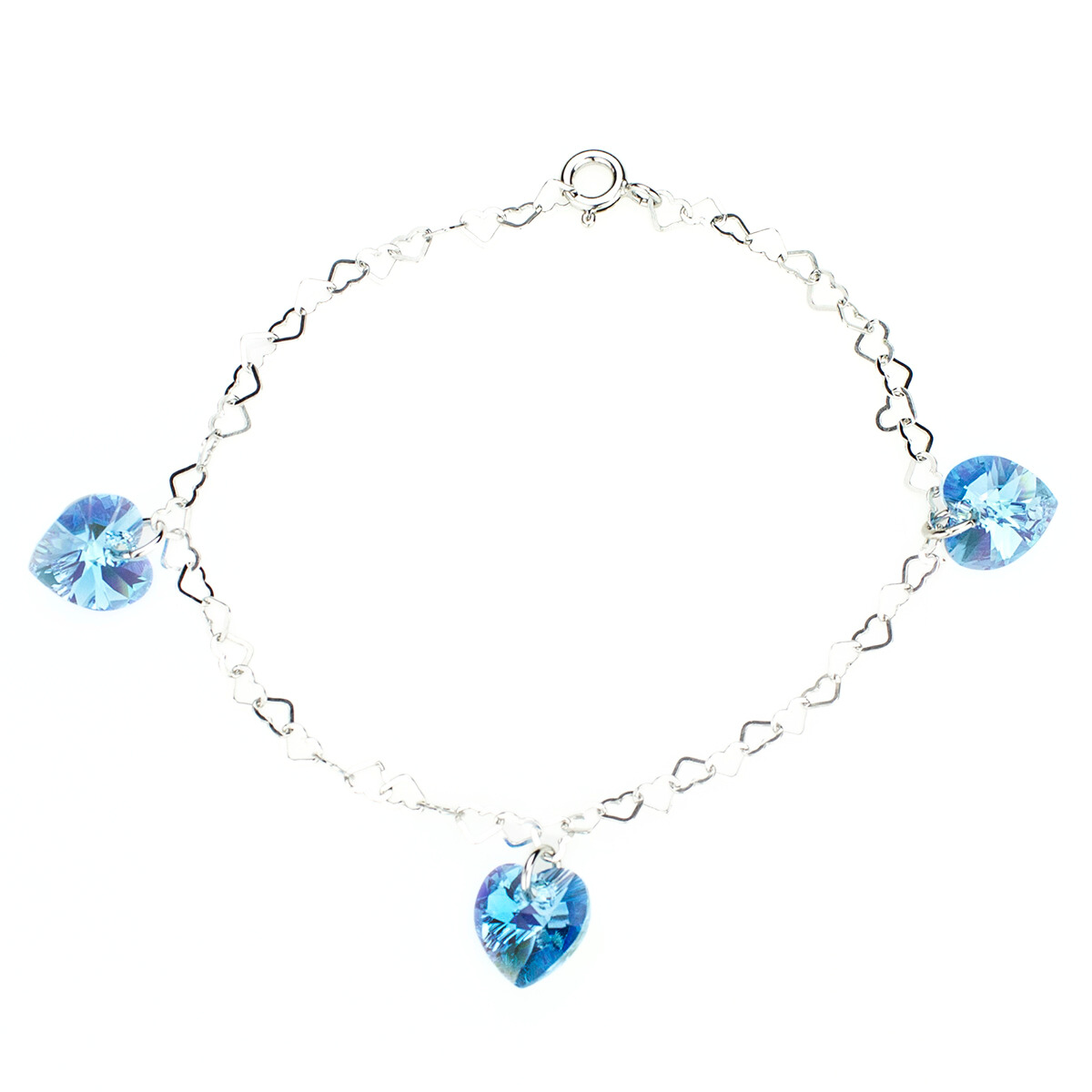 Сребърна гривна с кристални сърца aquamarine ab
