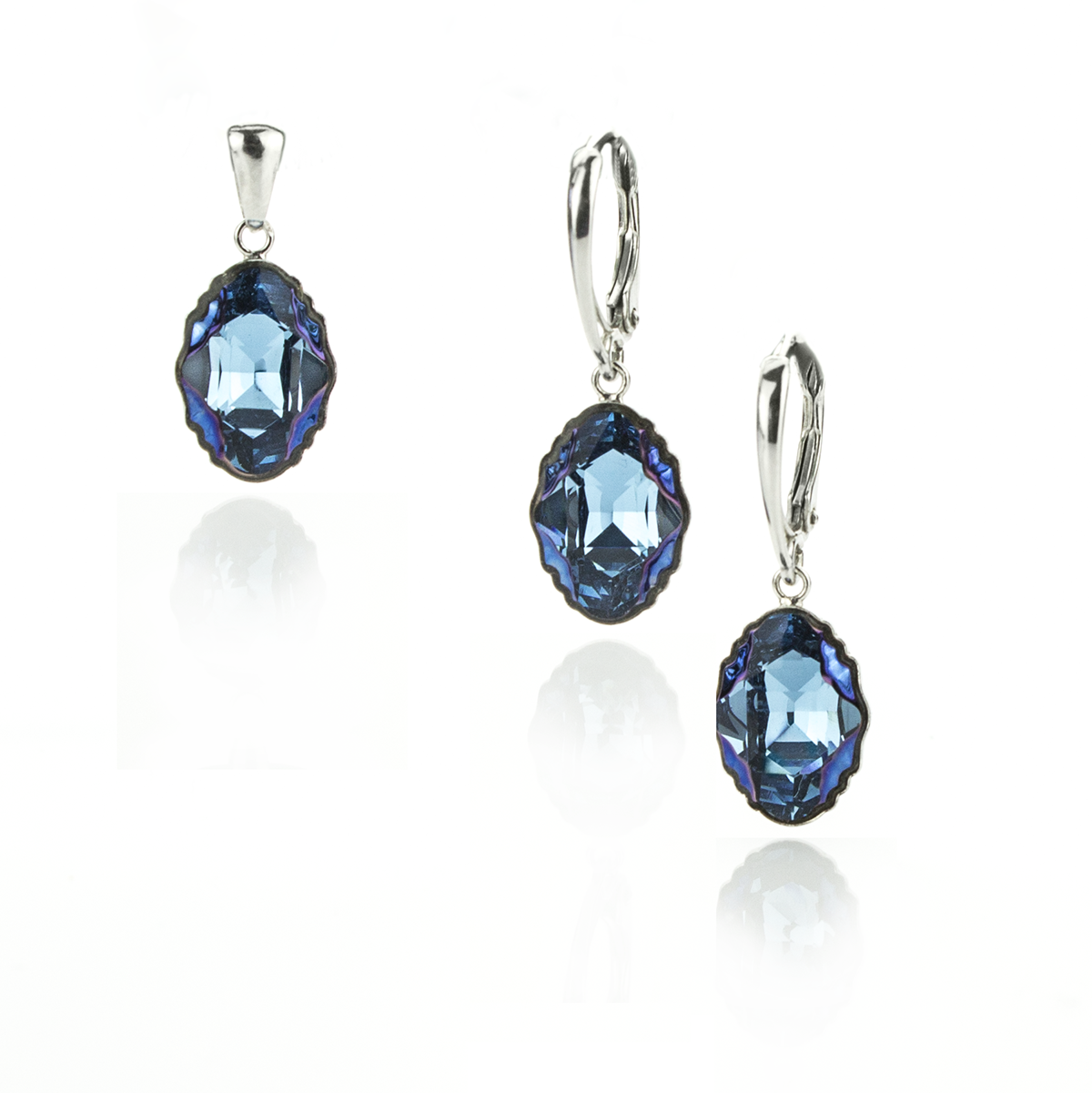 Сребърен комплект с кристали Овал Трайб metallic blue