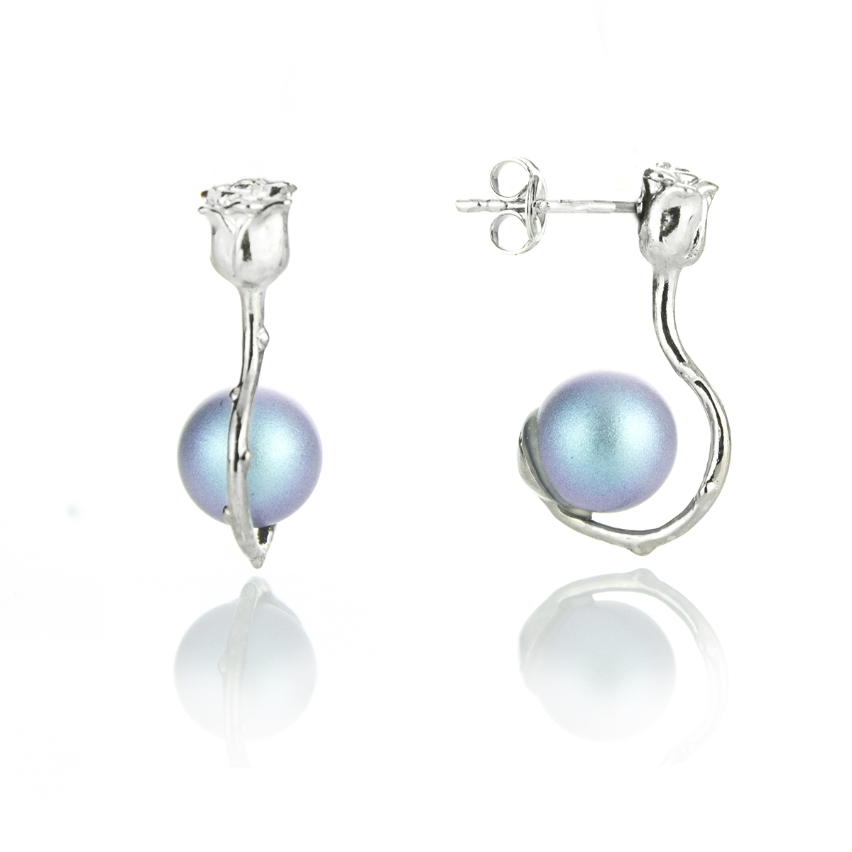 Сребърни обици винт с перли 8мм Роза IR light blue