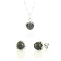 Art.No.blpearl803setovsfzd025- Сребърен комплект колие с обици винт перли 8мм black от  