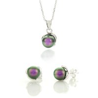 Art.No.irpurpearl803setovsfzd025- Сребърен комплект колие с обици винт перли 8мм ir purple от  