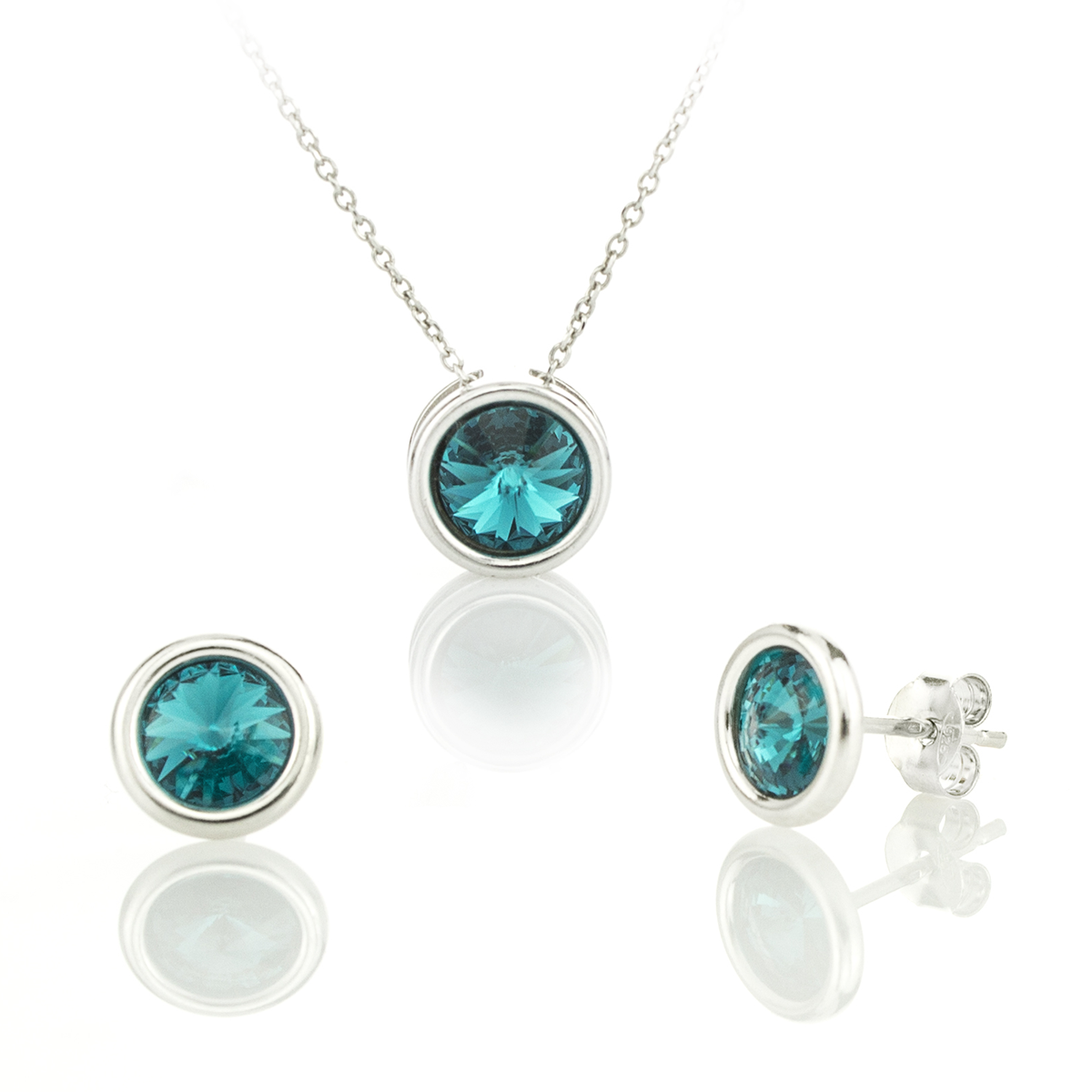 Сребърен комплект колие с обици винт Мини ривола раунд blue zircon