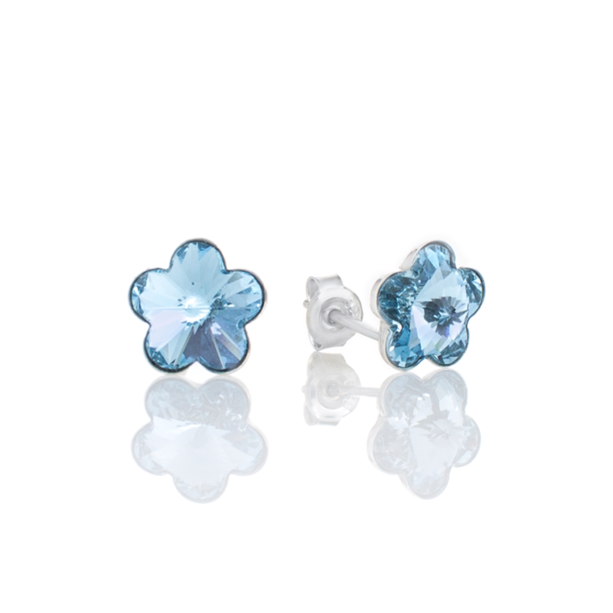 Сребърни обици винт с кристали Цвете 10мм aquamarine