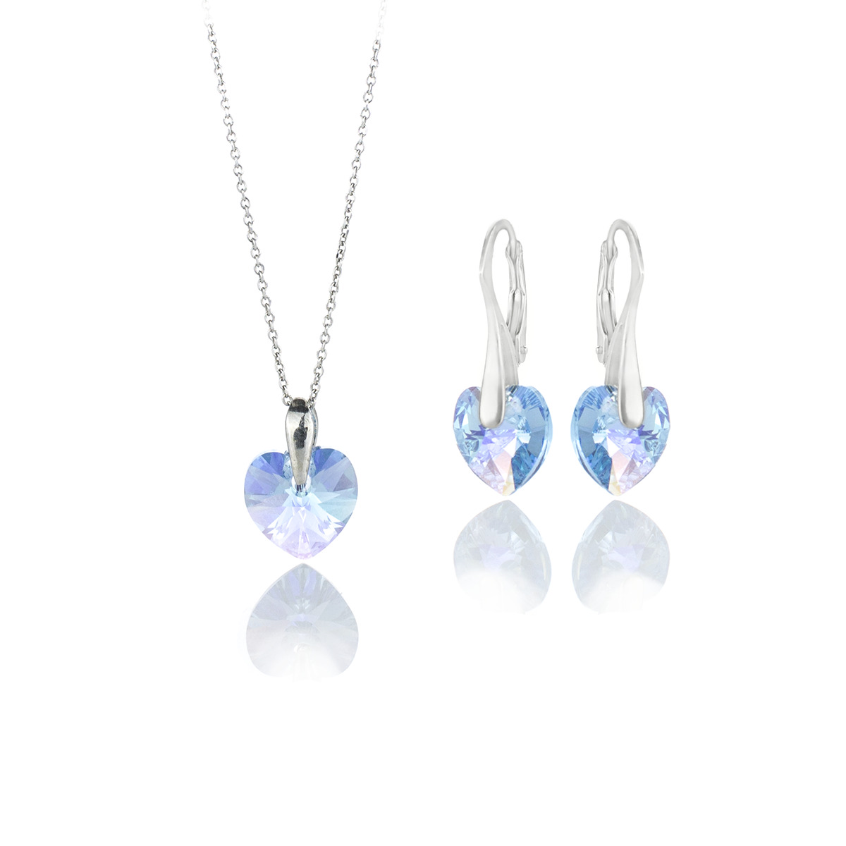 Малък сребърен комплект с кристални сърца 10мм aquamarine ab