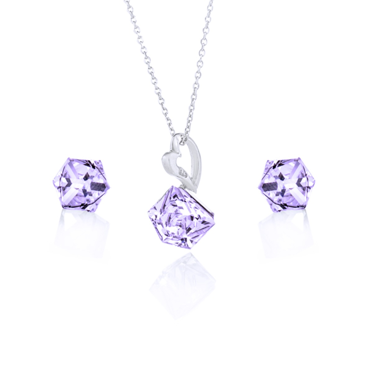 Сребърен комплект колие с обици винт Кубче 6мм violet