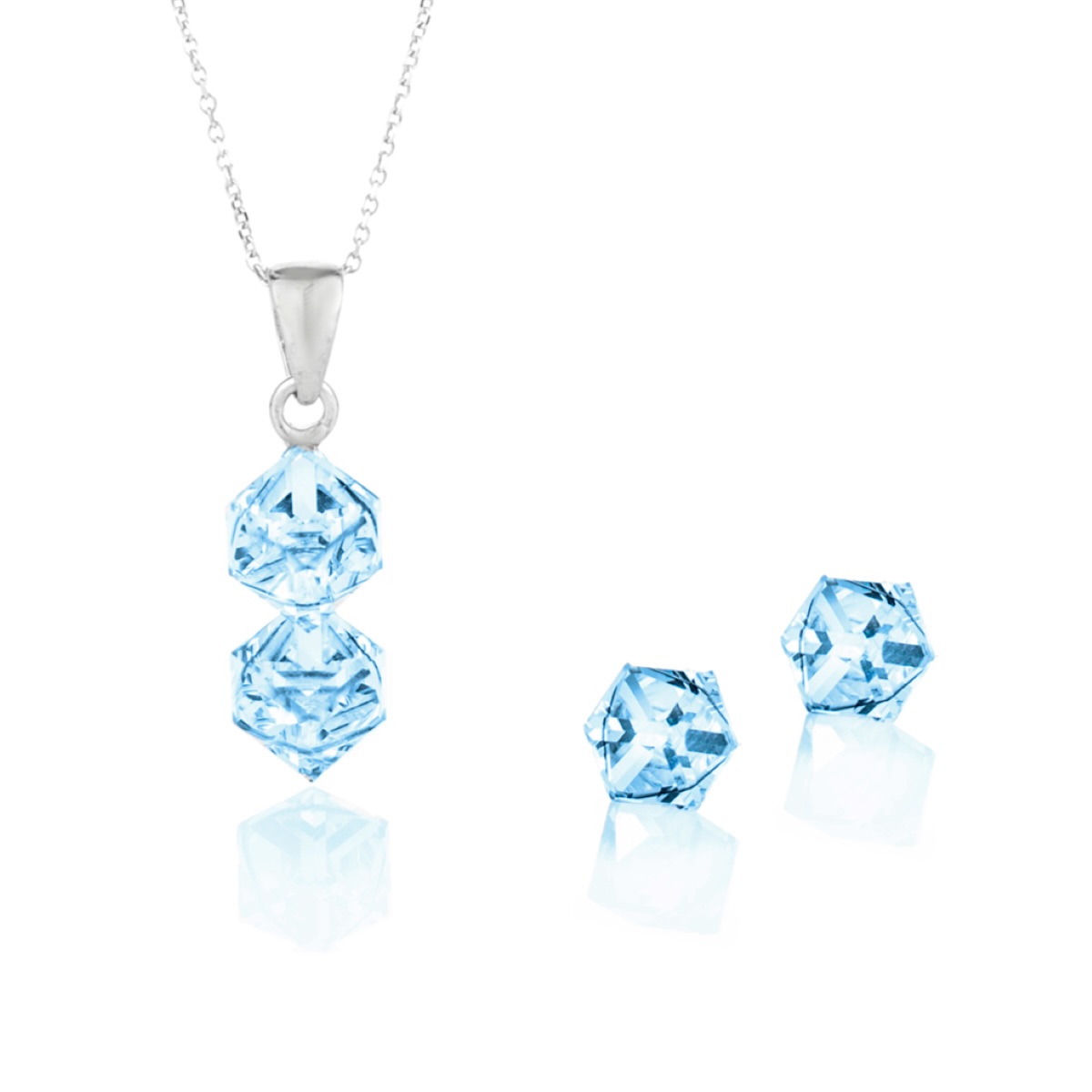 Сребърен комплект колие двойно кубче с обици винт aquamarine