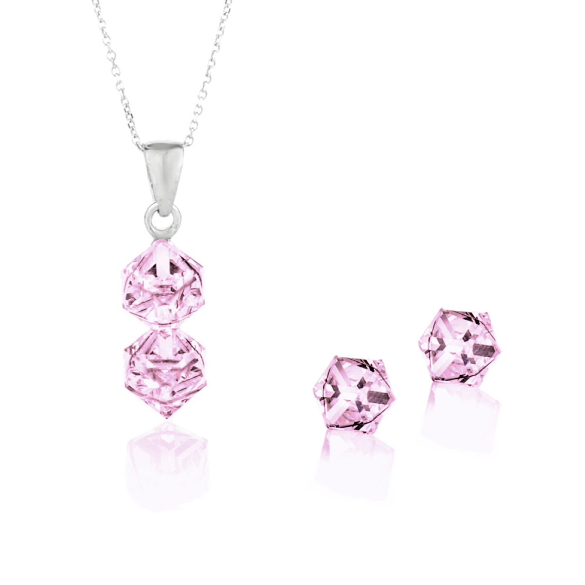 Сребърен комплект колие двойно кубче с обици винт light rose