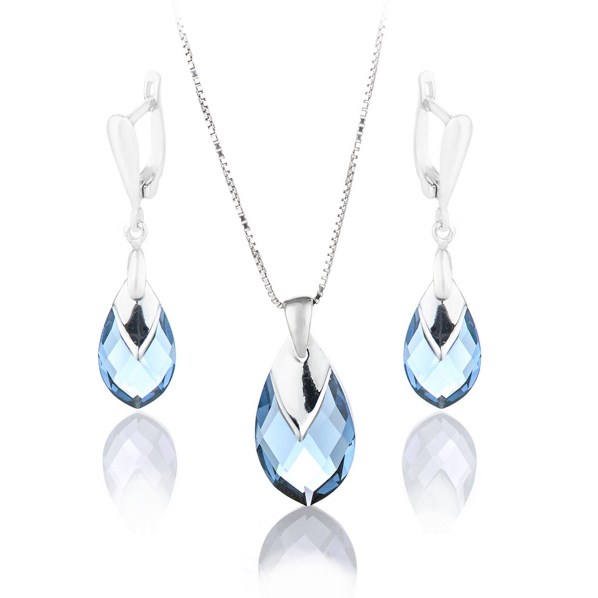 Кристален сребърен комплект Капка с метален детайл aquamarine
