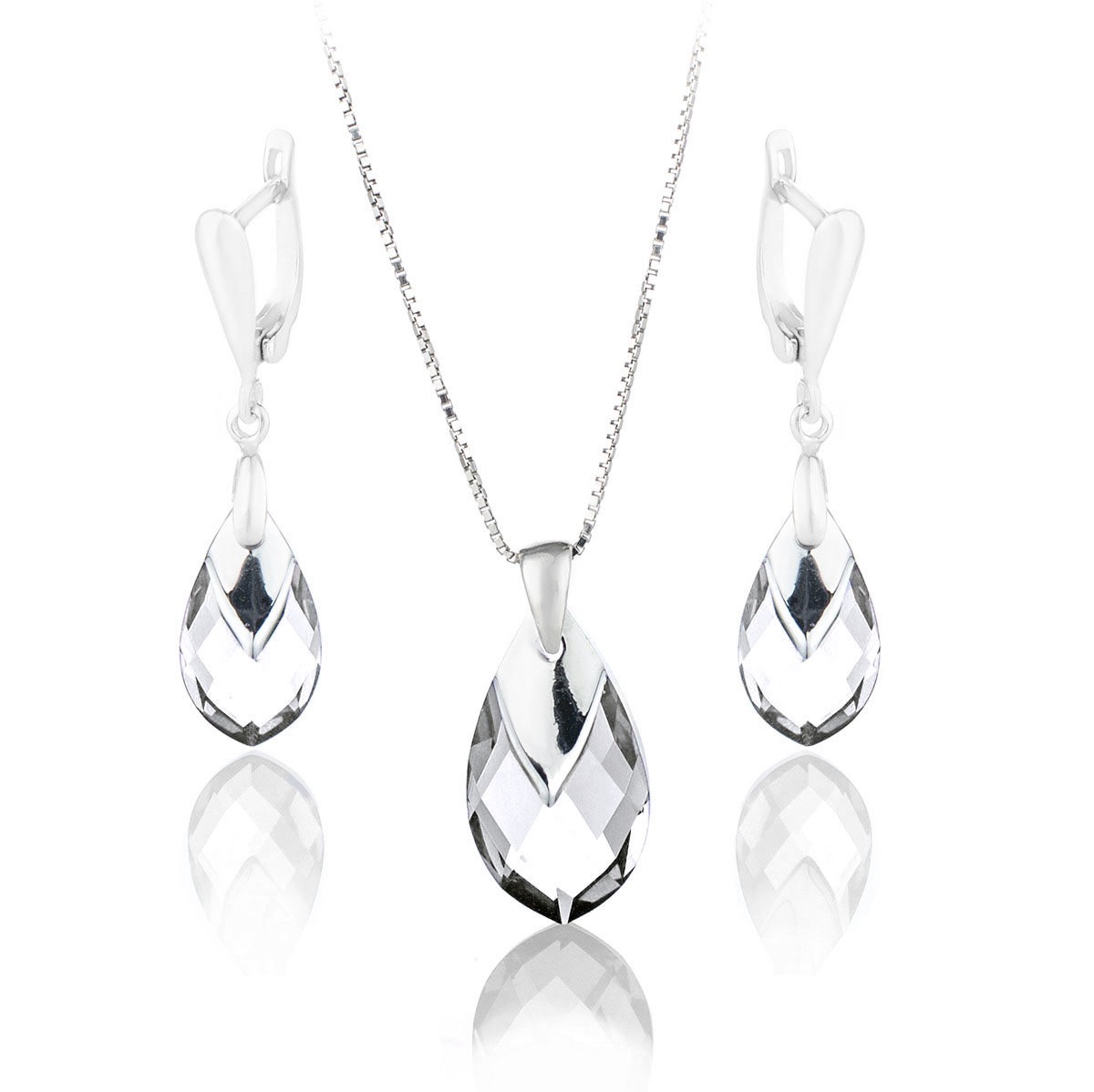 Кристален сребърен комплект Капка с метален детайл crystal
