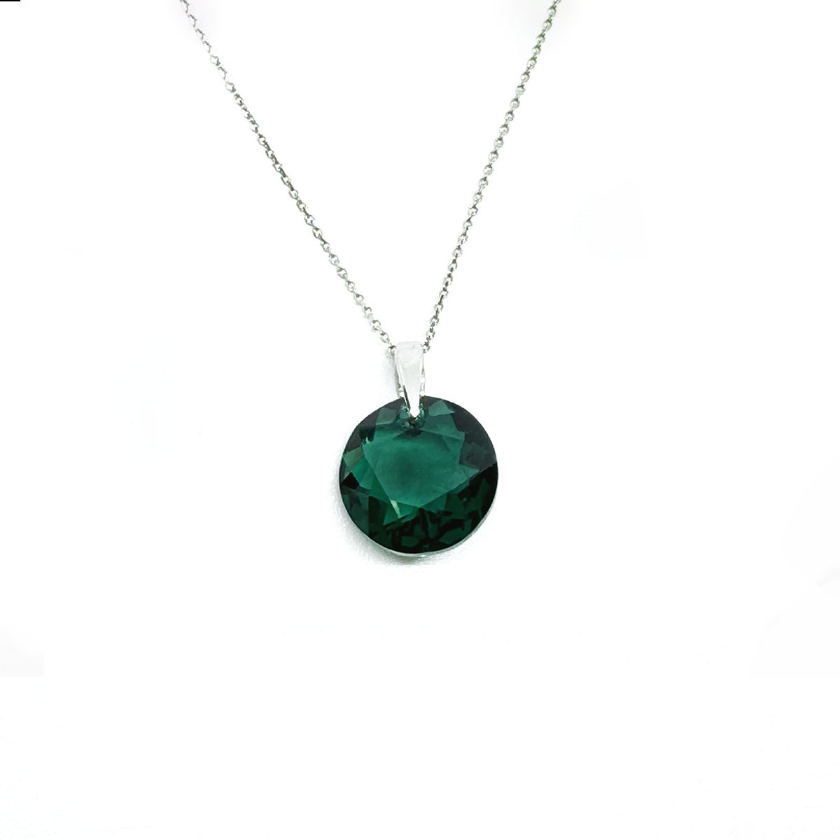 Сребърно колие с кристал Кръг 14мм emerald