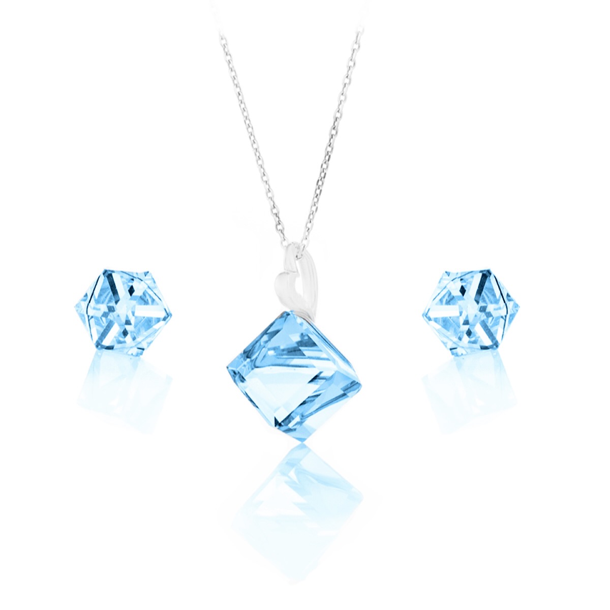 Сребърен комплект кристални кубчета с колие 8мм и обици винт 6мм aquamarine