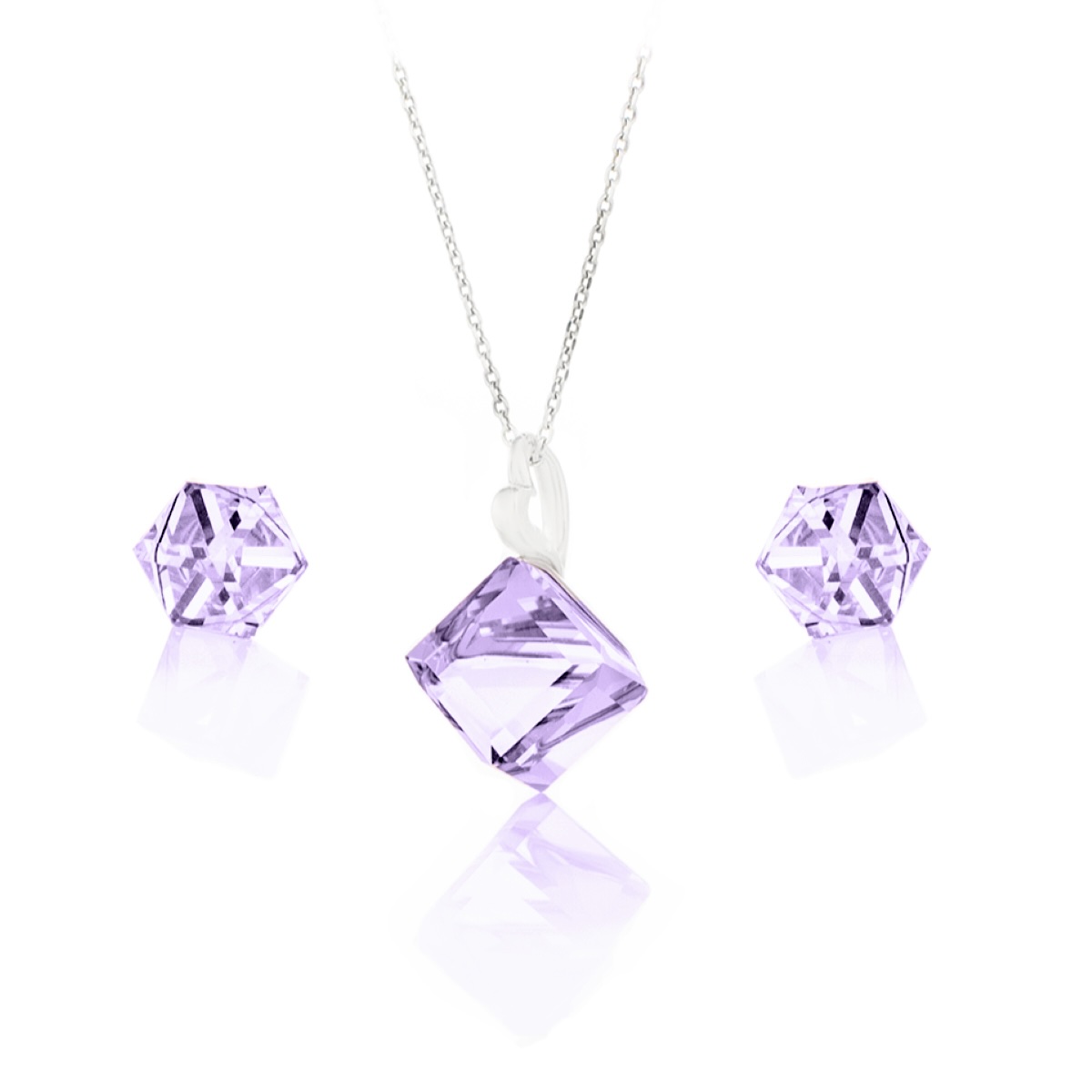 Сребърен комплект кристални кубчета с колие 8мм и обици винт 6мм violet