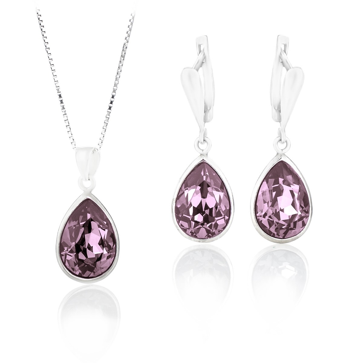 Класически сребърен комплект колие с обици Капка 14мм antique pink