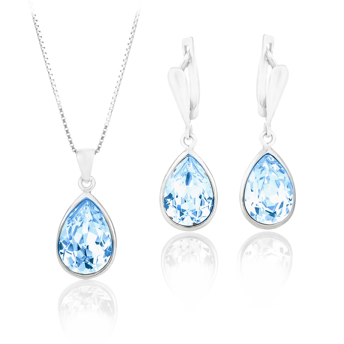 Класически сребърен комплект колие с обици Капка 14мм aquamarine