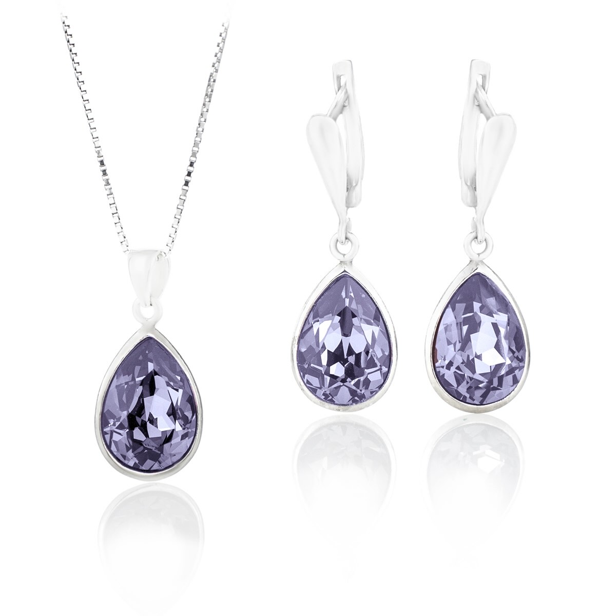 Класически сребърен комплект колие с обици Капка 14мм tanzanite