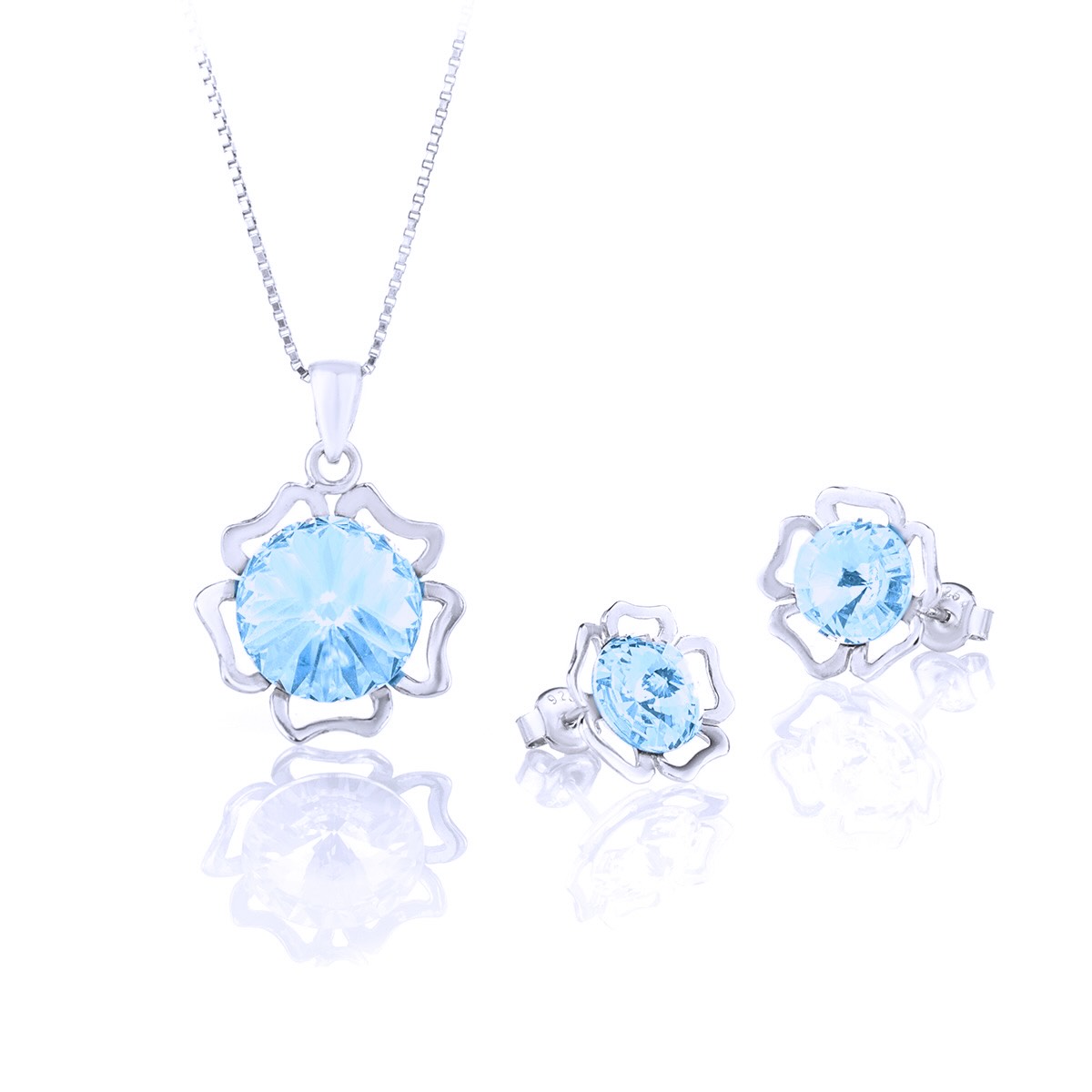 Сребърен комплект колие с обици Ривола Цвете aquamarine