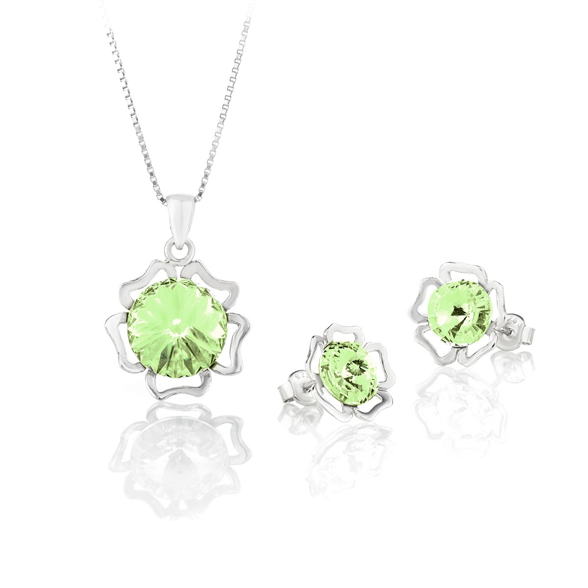 Сребърен комплект колие с обици Ривола Цвете peridot