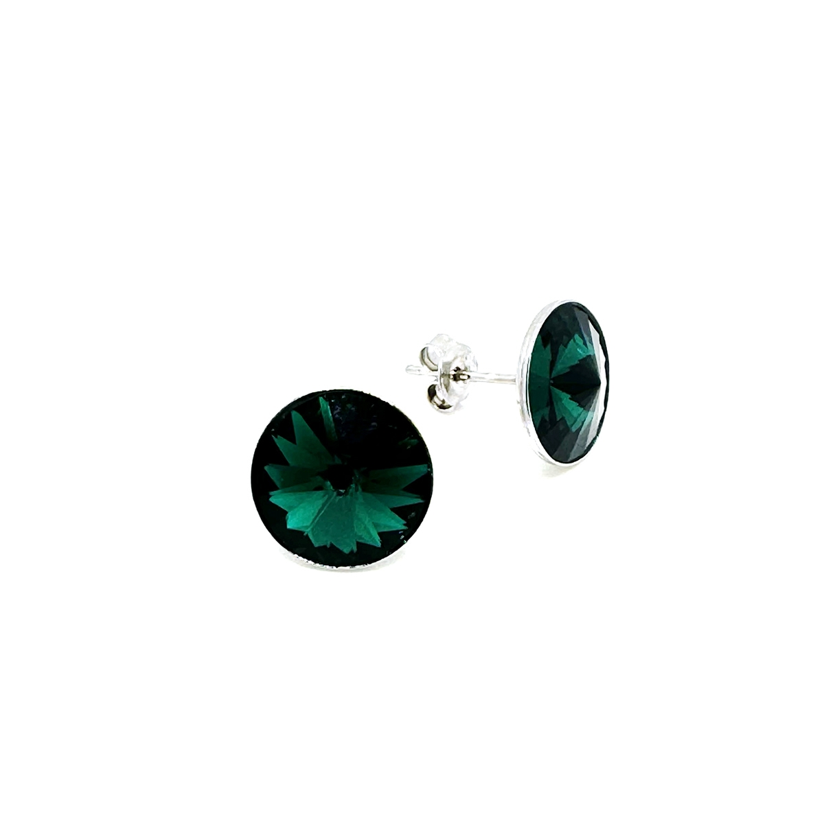 Сребърни обици винт с австрийски кристали Риволи 12мм emerald