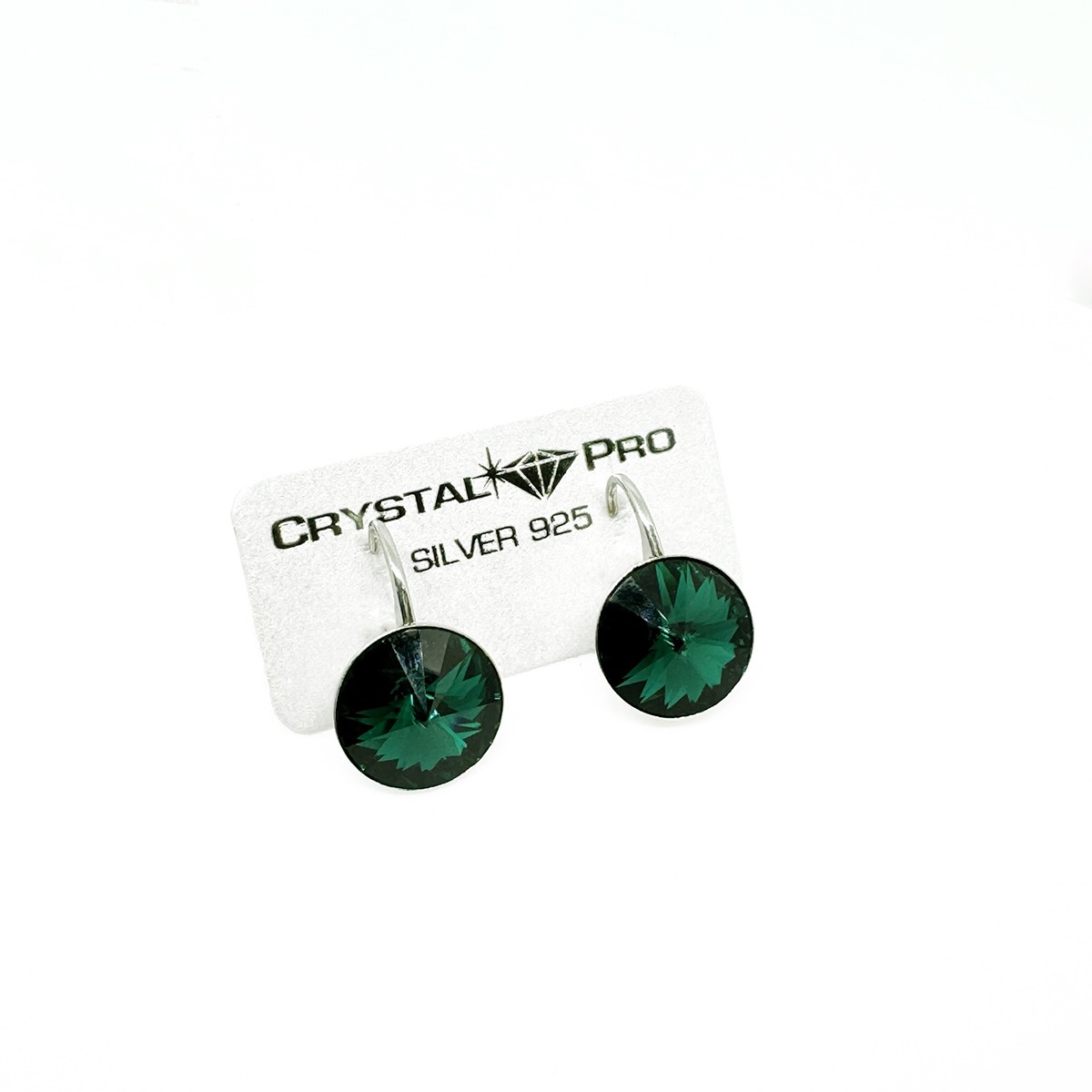 Сребърни обици панта с австрийски кристали Риволи 12мм emerald