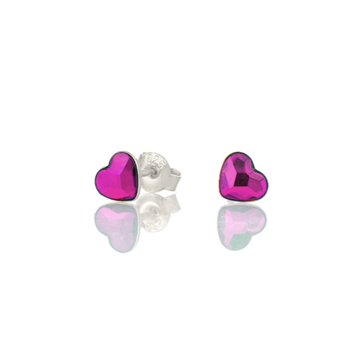 Сребърни обици винт Сърца 6мм fuchsia