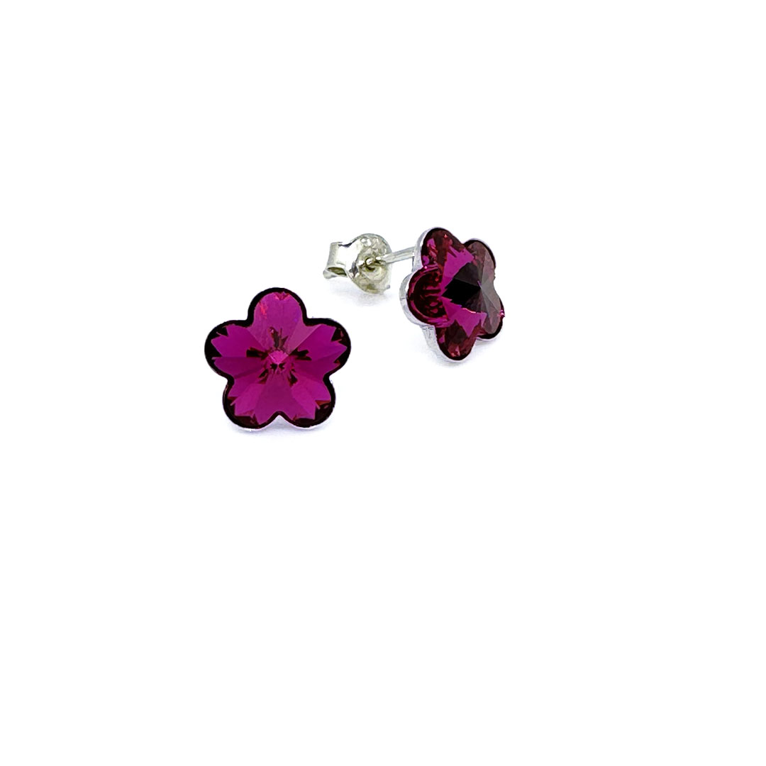 Сребърни обици винт с кристали Цвете 10мм fuchsia