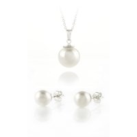 Art.No.wclassicpearl128setfzd035- Сребърен комплект колие с обици Класическа перла от 