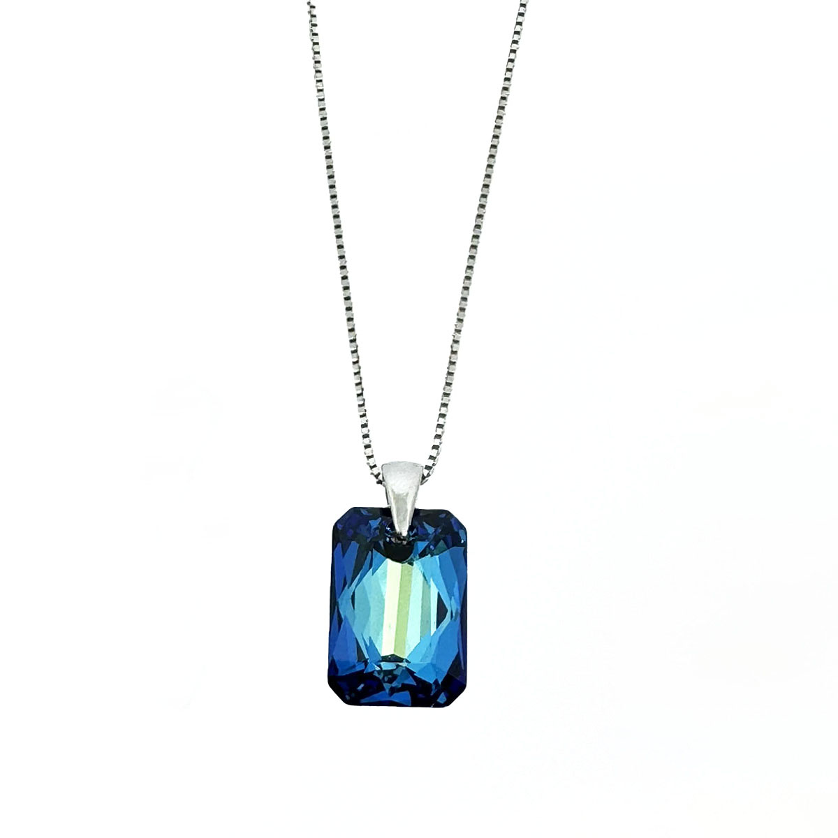 Сребърно кристално колие Правоъгълник 16мм bermuda blue