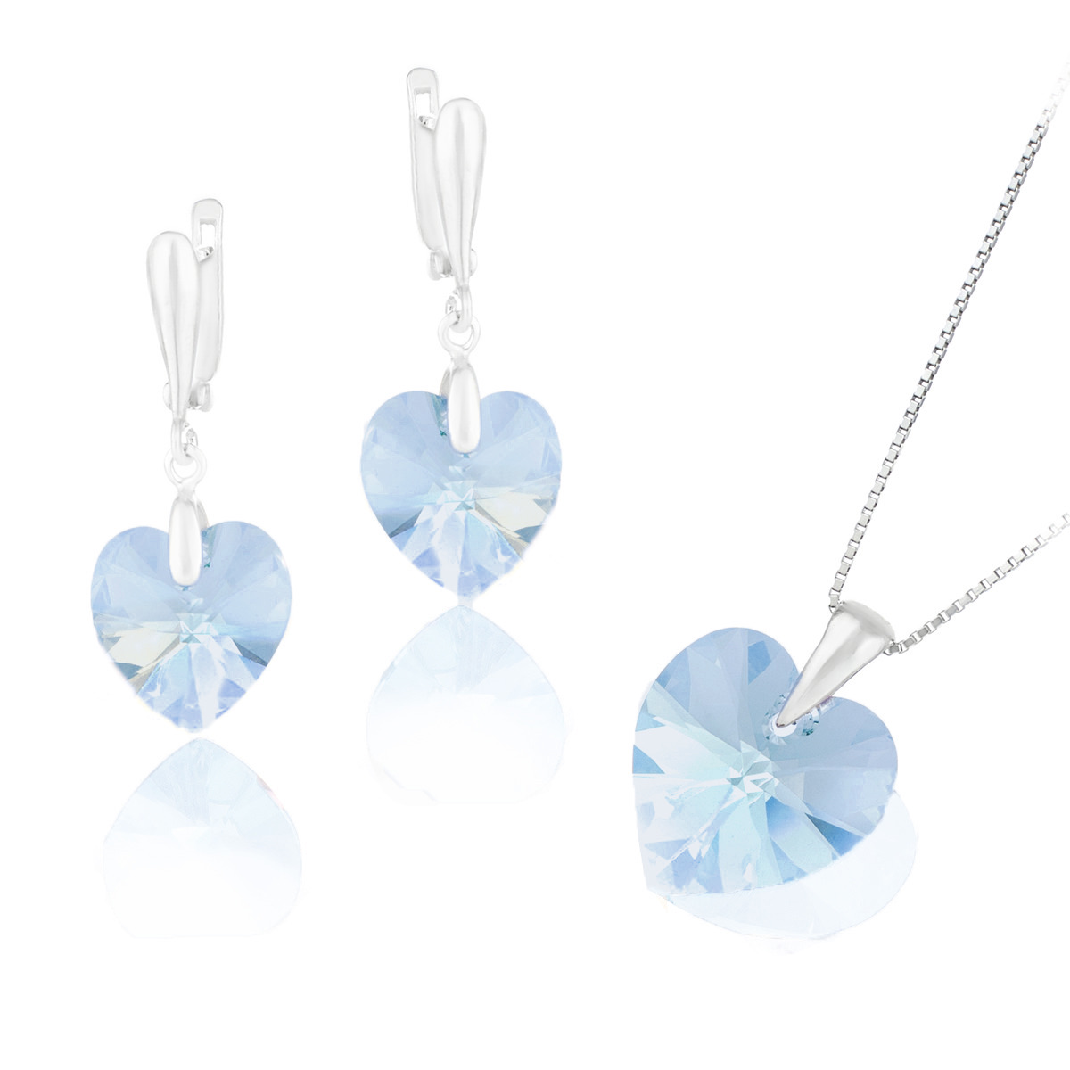 Сребърен комплект колие 18мм с обици 14мм Сърца aquamarine shimmer