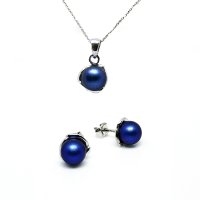 Art.No.irdblpearl803setovsfzd025- Сребърен комплект колие с обици винт перли 8мм IR dark blue от  