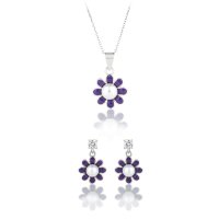 Art.No.purpleflowersfzd025925s- Сребърен комплект с лилав емайл и перла от 